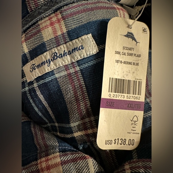 Tommy Bahama Soul Cal Surf Plaid Camp Shirt (Color: Bering Blue, Size XXL) - Picture 8 of 12